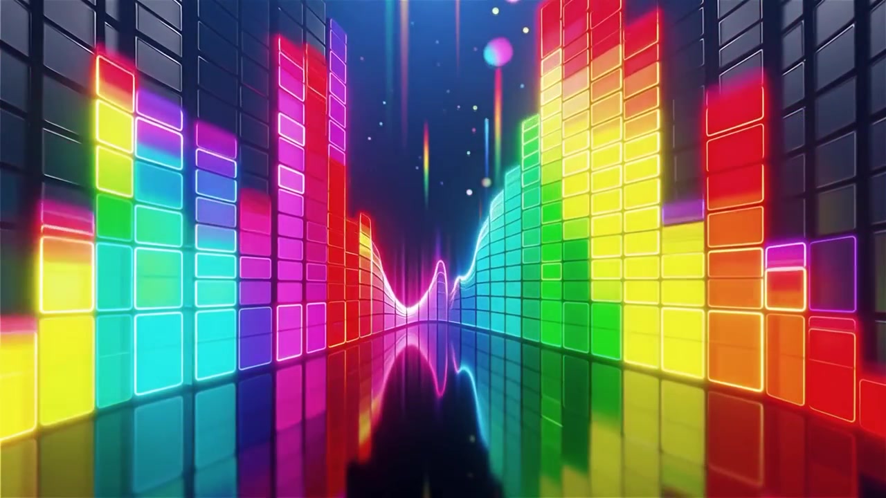 Sfondo visualizzatore equalizzatore musicale neon arcobaleno futuristico.