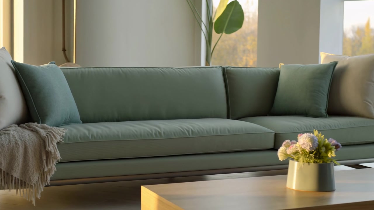 Panoramisk interiørbillede, der viser en moderne, afdæmpet grøn polstret sofa, der strækker sig over forgrunden med sæde- og ryghynder, venstre arm er draperet med et frynset beige tæppe.