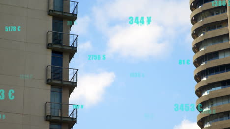 currency values animation over buildings against blue sky with clouds