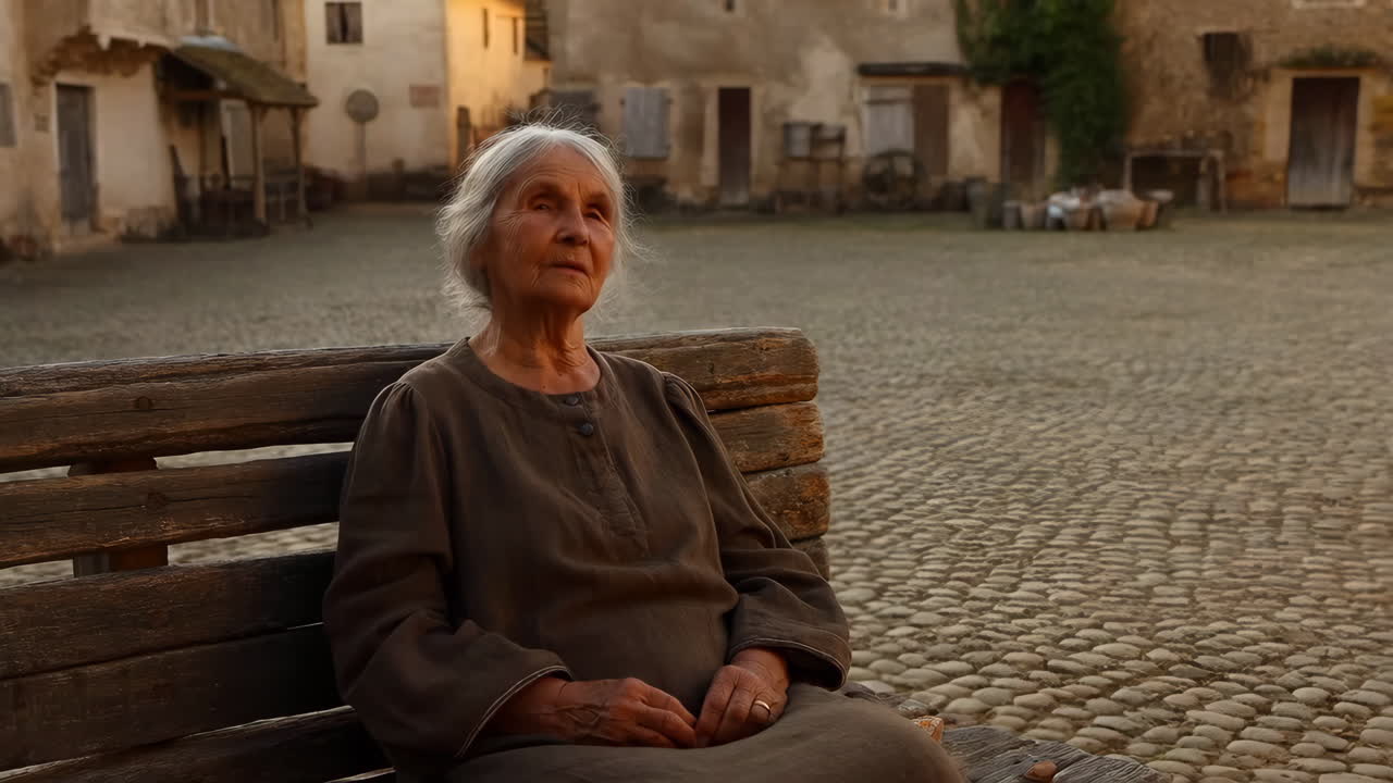 Donna anziana seduta su una panchina in una piazza di un villaggio europeo