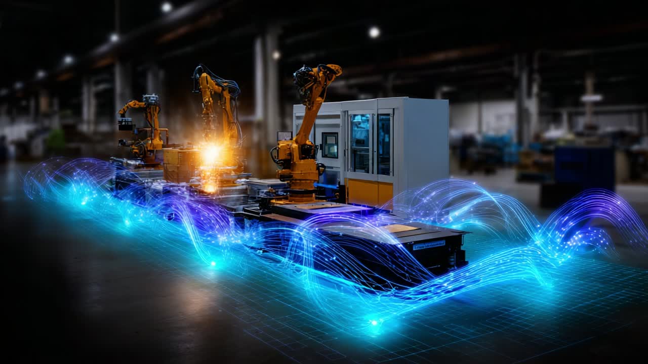 Advanced Industrial Automation: A Glimpse into Cutting-Edge Robotics and Smart Technology in Manufacturing, Featuring Robotic Arms and Dynamic Visual Data Representations Enhancing Production Efficiency