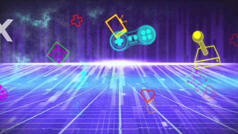 animación de coloridos iconos de juegos y medios sobre luces en movimiento sobre fondo púrpura