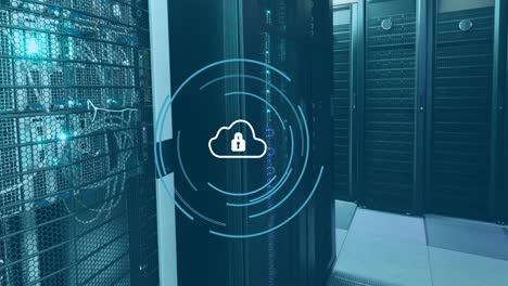 animación de bloqueo y nube en círculos de carga sobre la sala del servidor de datos