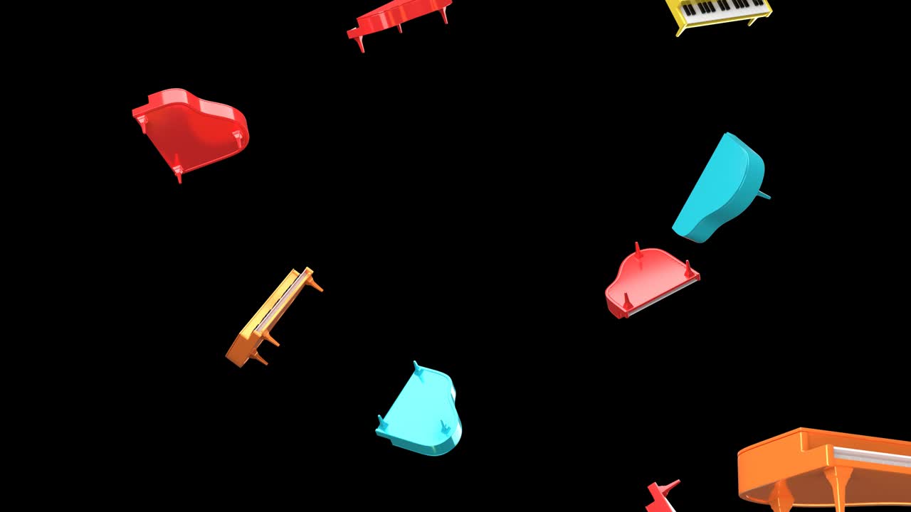검은색 배경에 다채로운 피아노가 날아다니고 있습니다.