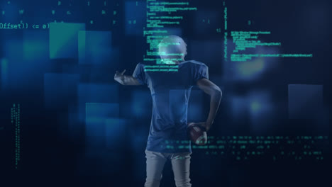 animation of data processing over male rugby player against blue square shapes on black background