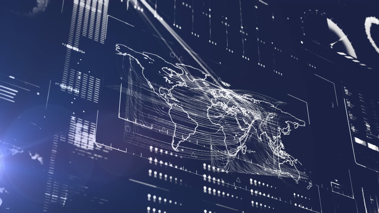 파란색 배경에 빛의 점과 회전하는 지구를 통해 데이터 처리를 가진 인터페이스의 애니메이션