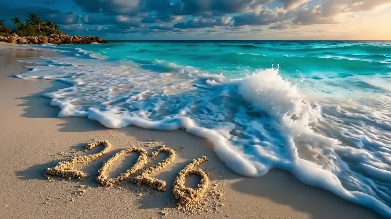 Una spiaggia con la parola 2016 scritta sulla sabbia.