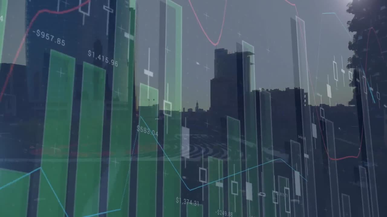 animación del procesamiento de datos estadísticos frente a una vista aérea del paisaje urbano