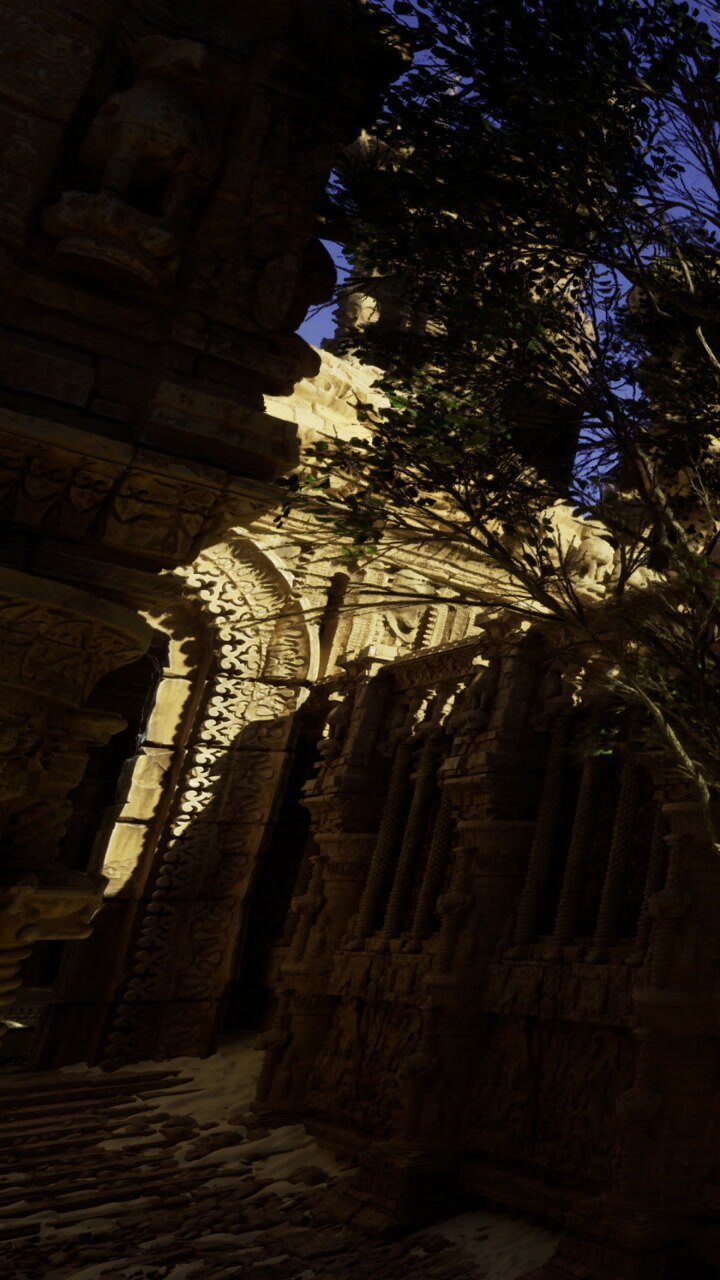 Exploring ancient carvings and structures at a historical site in sunlight
