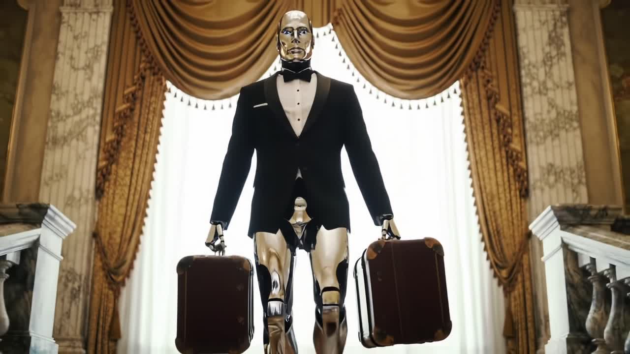 A Futuristic Servant: A Sophisticated Robot Dressed in Tuxedo, Carrying Luggage, Stands Elegantly at the Top of a Grand Staircase in an Opulent Setting