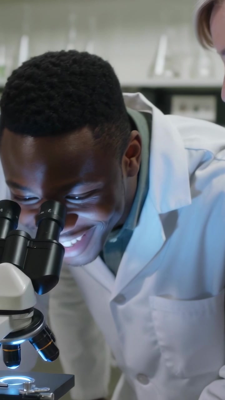 Video verticale: Donna in camice da laboratorio che regola il tavolino e mette a fuoco il microscopio in laboratorio, uomo che osserva un vetrino.