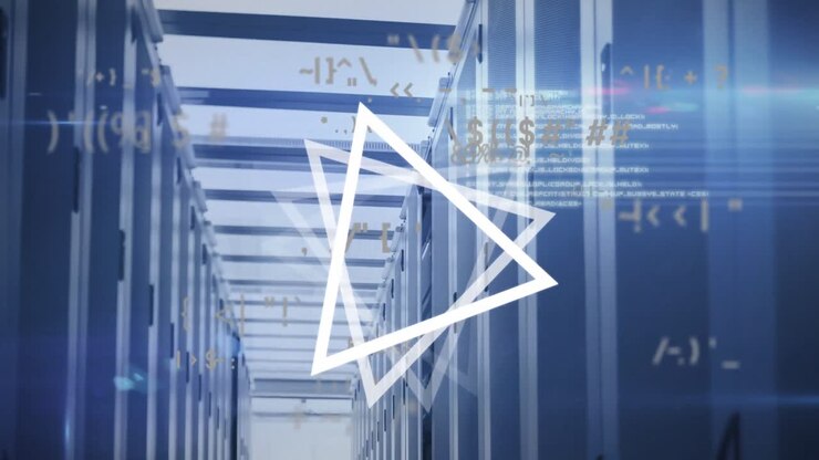 Animation of mathematical symbols and abstract triangular shape spinning against server room