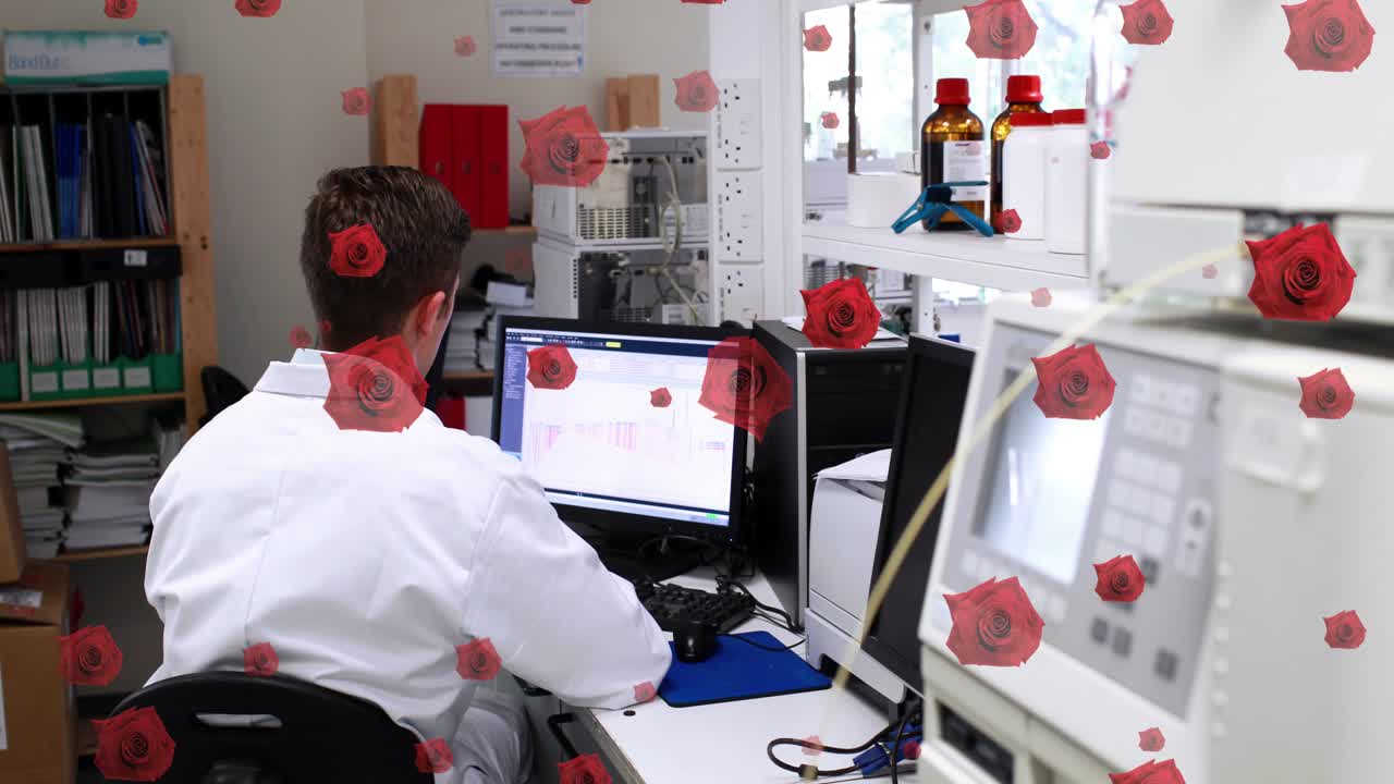 Animation of colourful puzzle pieces over business people using laptop