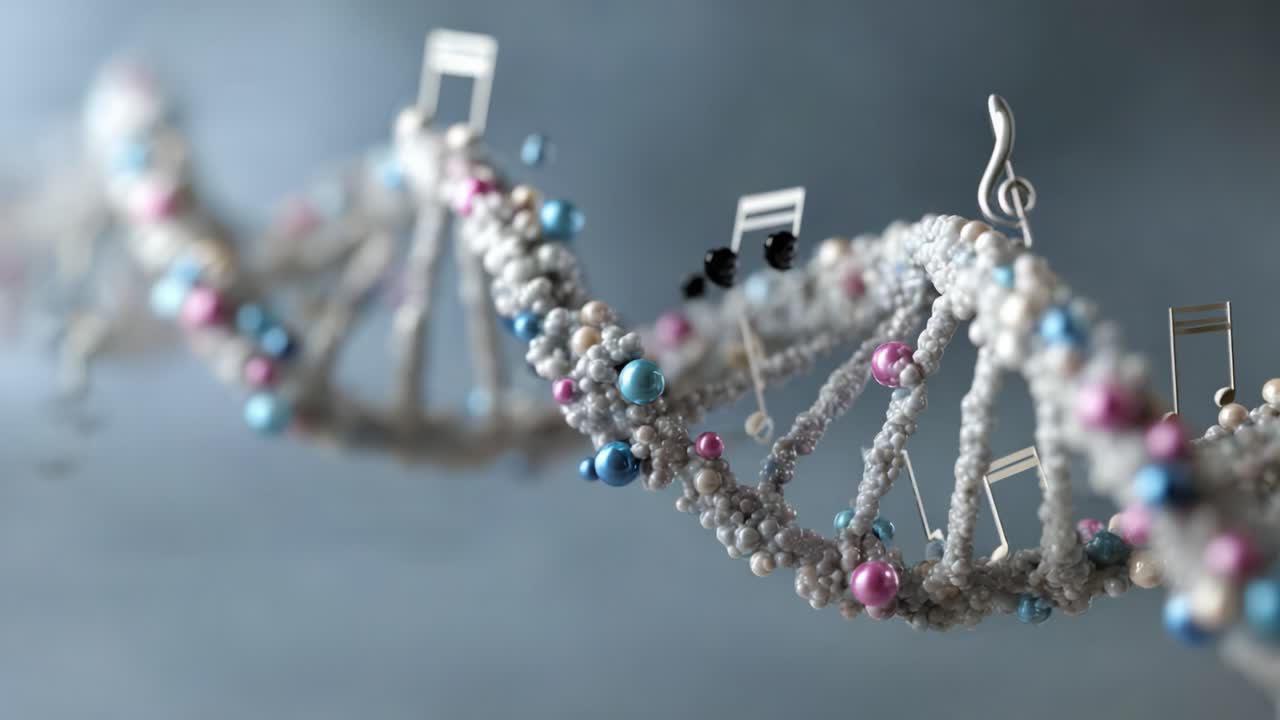 A Creative Representation of Music and Genetics Intertwined: A Stunning Visual of a DNA Helix Adorned with Colorful Beads and Musical Notes
