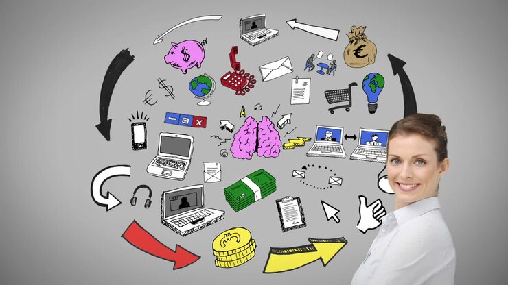 Mujer sonriente viendo una animación de un cerebro generando ideas