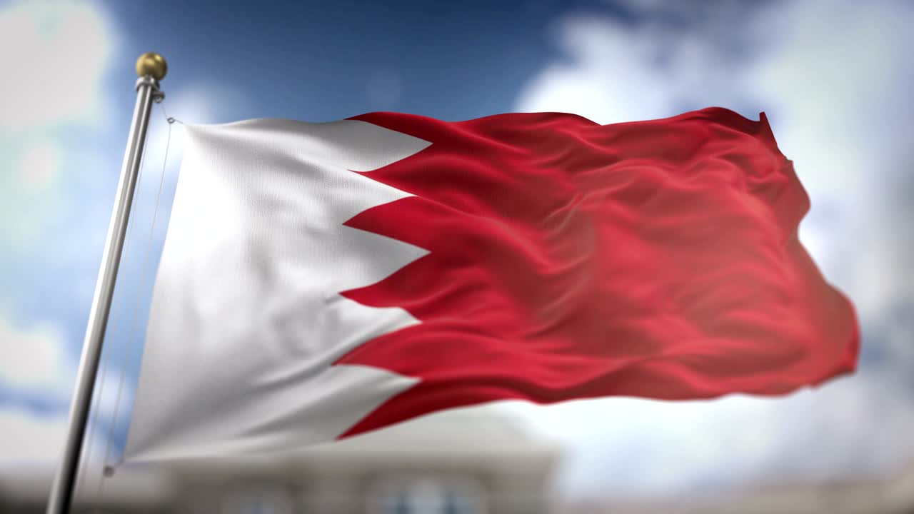 Bandiera del Bahrain sventolante al rallentatore. Rendering 3D. Sfondo cielo blu - Loop continuo 4K