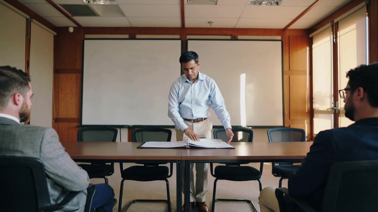 Entering man in blue shirt opening binder, flipping documents at meeting table to present