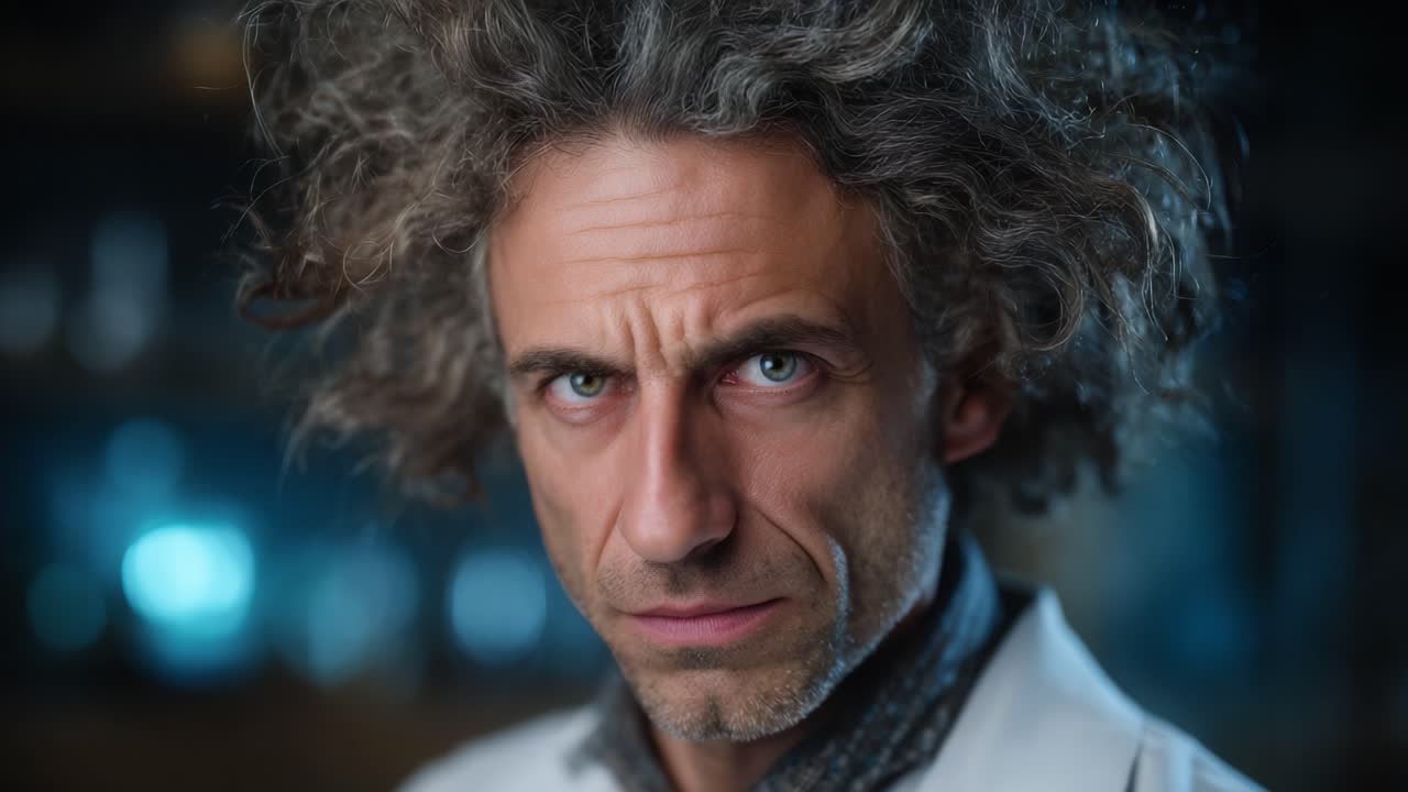 Um close-up de um cientista com cabelo despenteado, mostrando expressão intensa e foco em um ambiente de laboratório sob iluminação azul suave