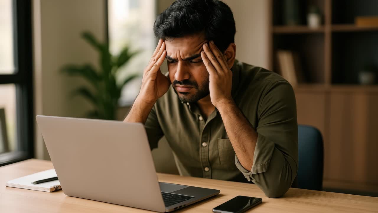 A frustrated man at a desk, hands on temples, staring at a laptop