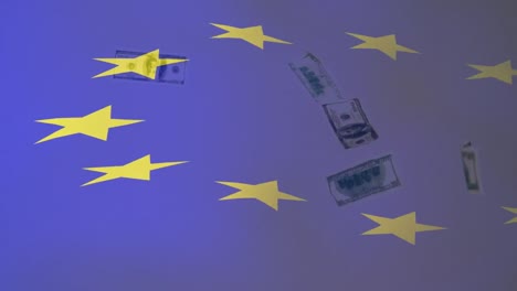 Animación-De-Ondear-La-Bandera-De-La-UE-Sobre-Billetes-De-Un-Dólar-Que-Caen-Sobre-Una-Superficie-Gris