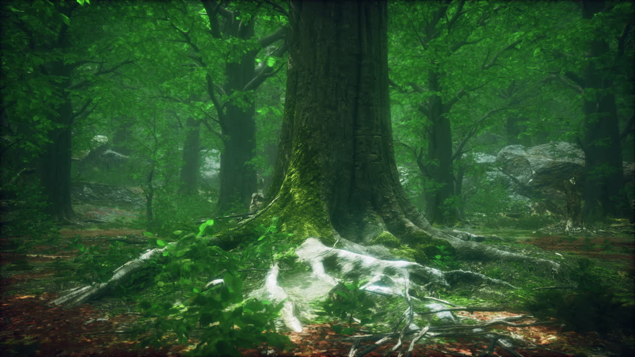 raíces de árboles y sol en un bosque verde