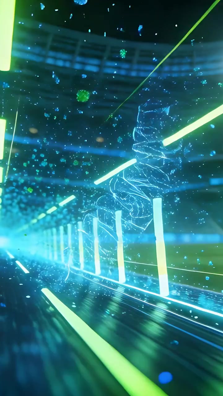 Vertical video: Sweeping camera pushing neon tunnel lined with pillars toward ring, revealing helix