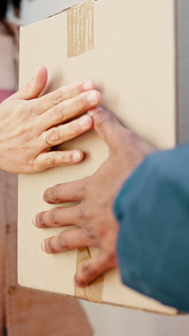 Primo piano di mani che si scambiano una scatola di cartone per la consegna
