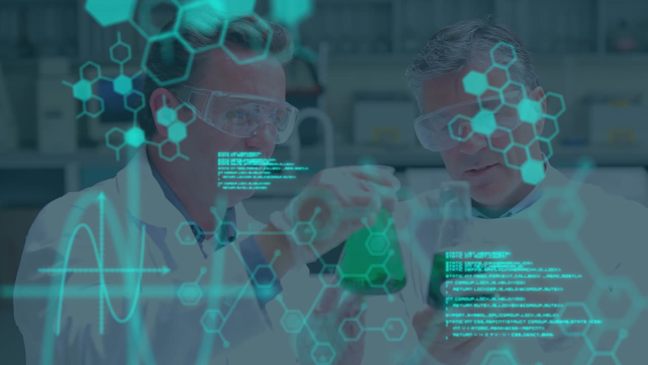 Animation of data processing and chemical formula over caucaisan male scientists in lab
