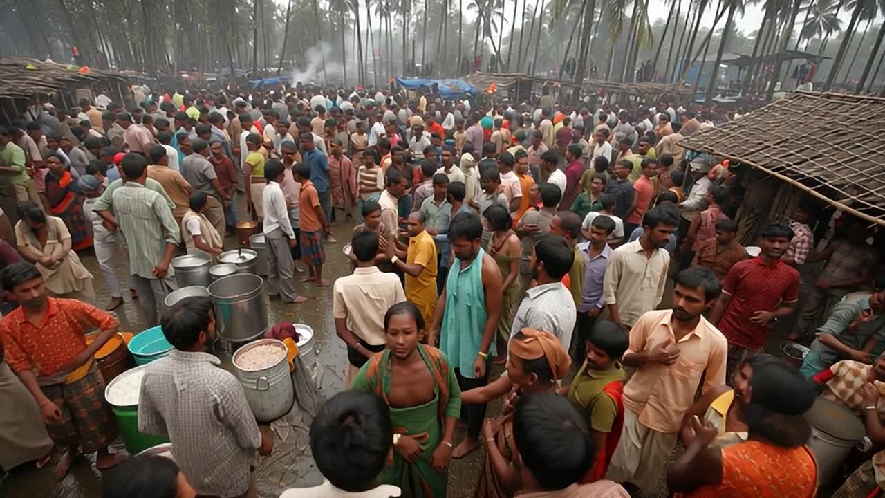 Cultural gathering during festive food distribution in a rural village
