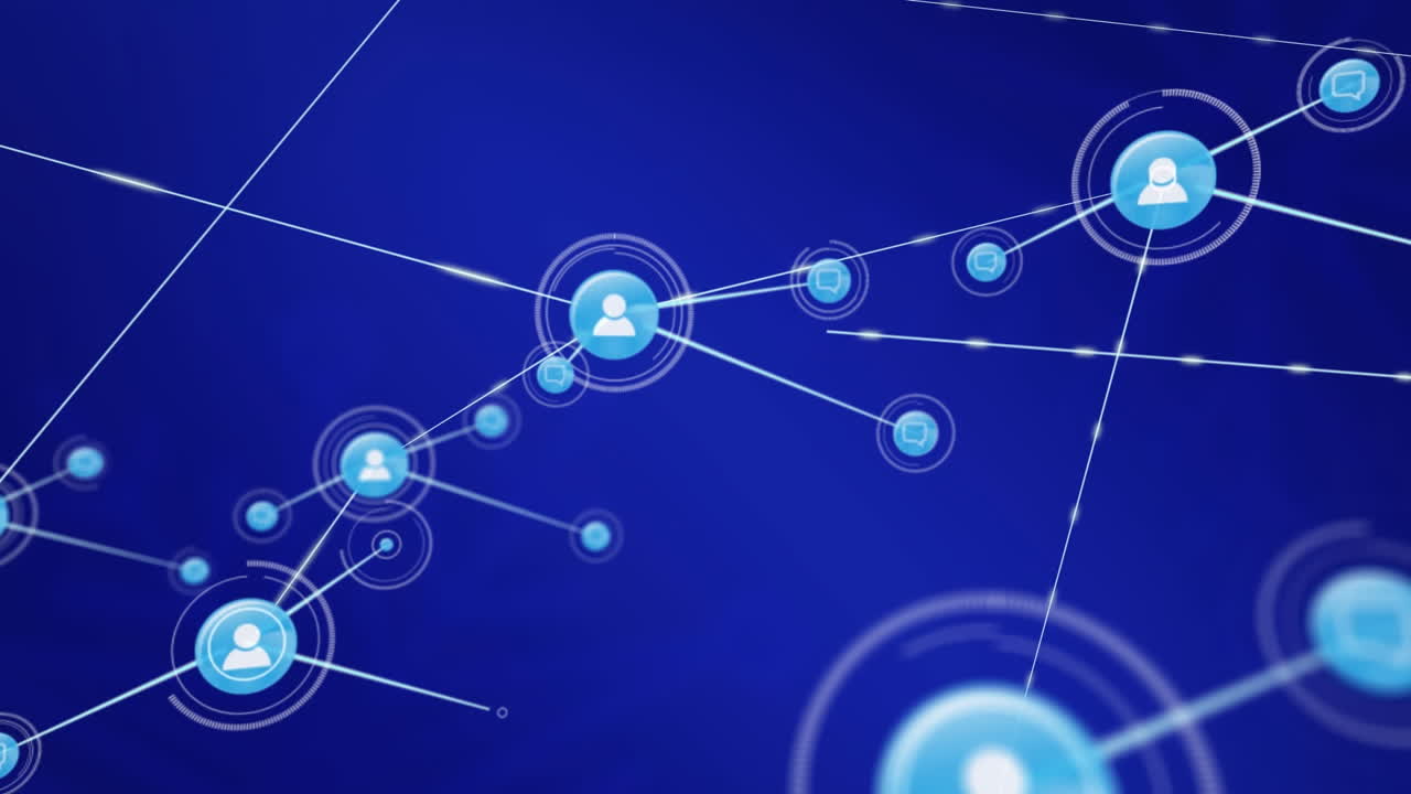 animación de la red de iconos de perfil contra un fondo azul