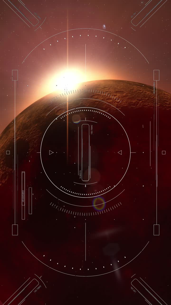 Futuristic heads-up display targeting red alien planet with sun flare. For sci-fi, gaming, or tech videos