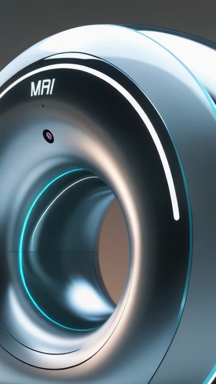 Vertical video: Powering toroidal device revealing neon blue glow in digital studio, with MAI label