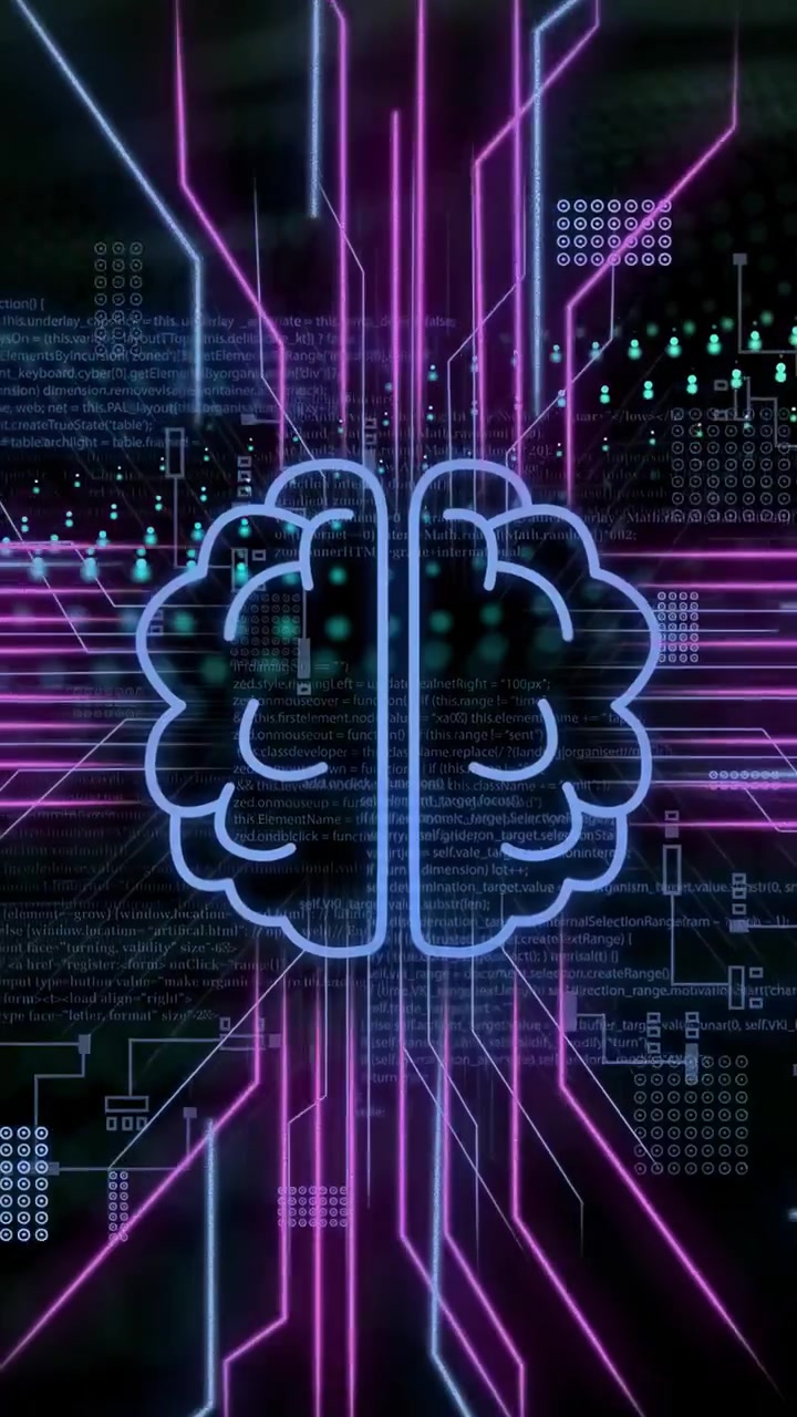 Vertical video: Descending beams starting neon brain pulsing as circuits spread, showing data flow