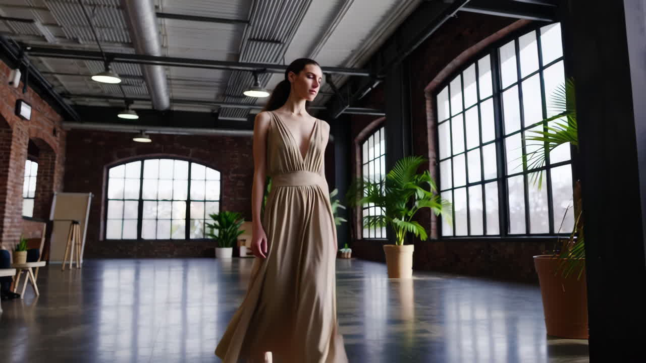 Woman in Beige Jumpsuit Modeling in Industrial Studio