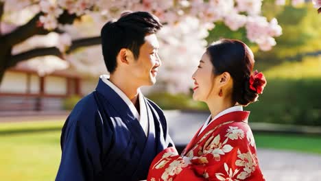 couple in kimonos under cherry blossoms