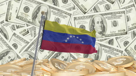 animación de billetes y monedas de dólares estadounidenses sobre la bandera de venezuela