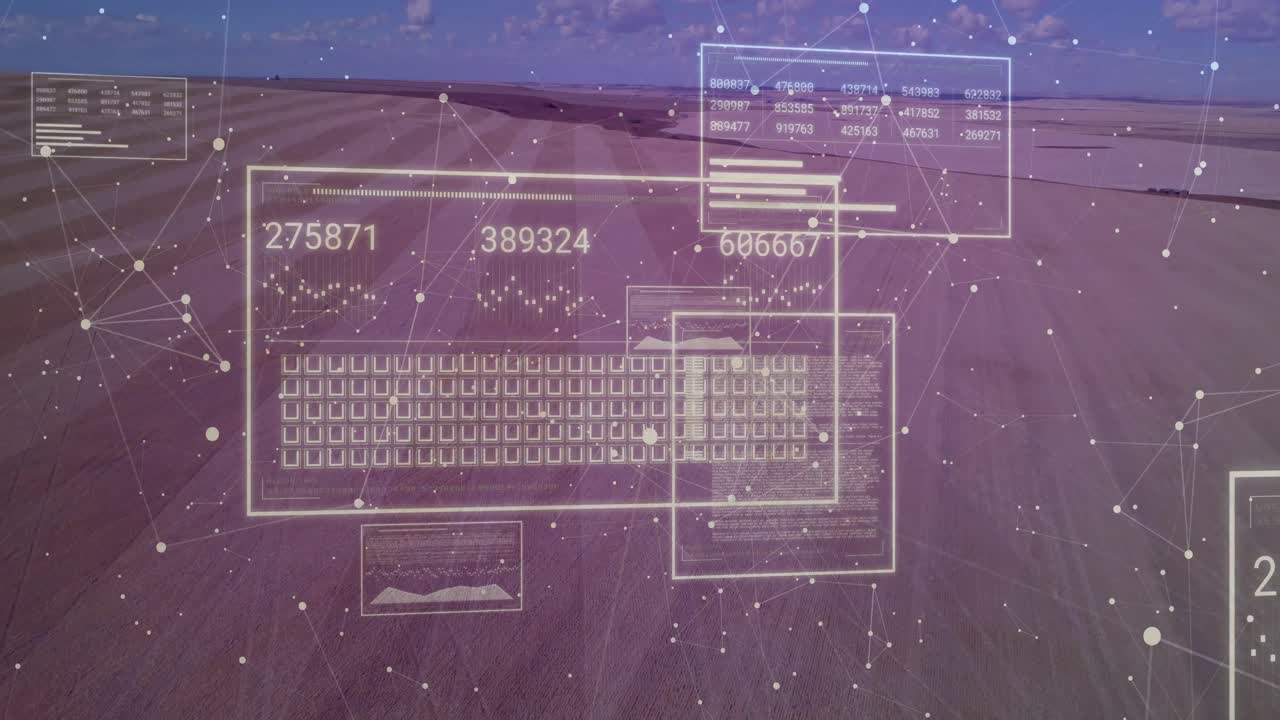 Nettverk tones inn, utløser paneler som dukker opp, data oppdateres, noder kobles sammen og viser analyse.
