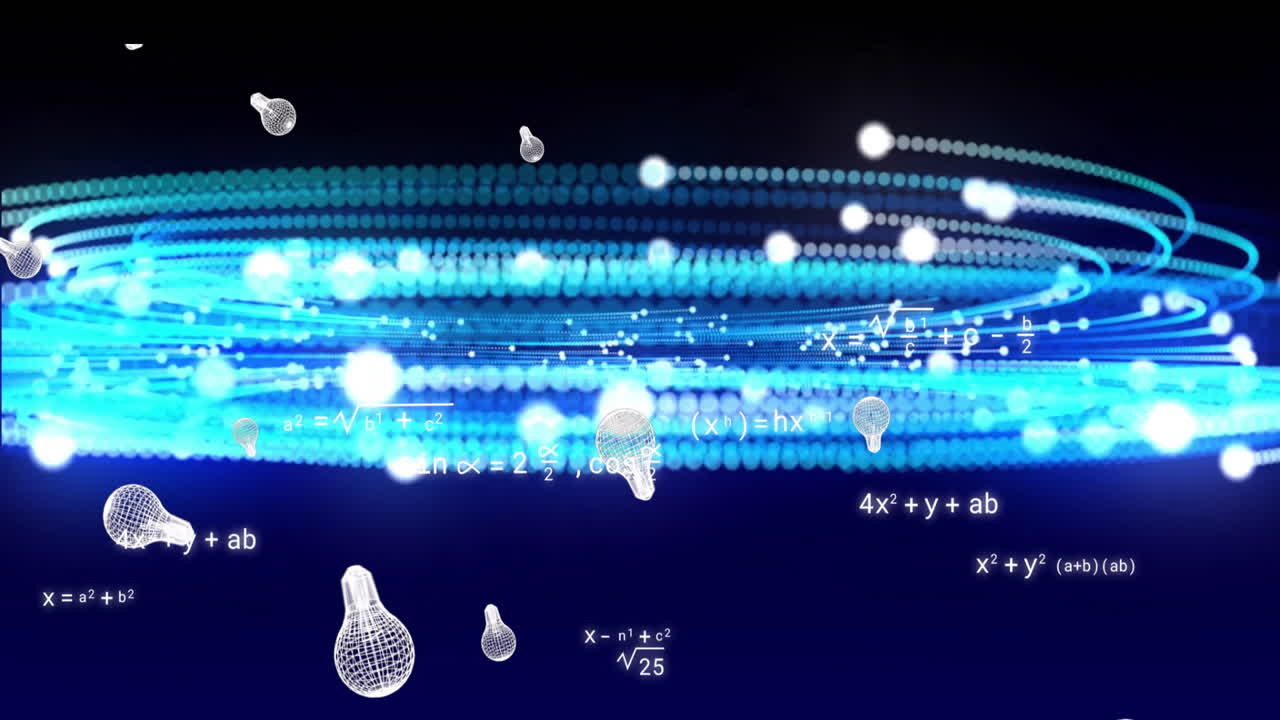 Animation of mathematical equations over lightbulbs and white spots