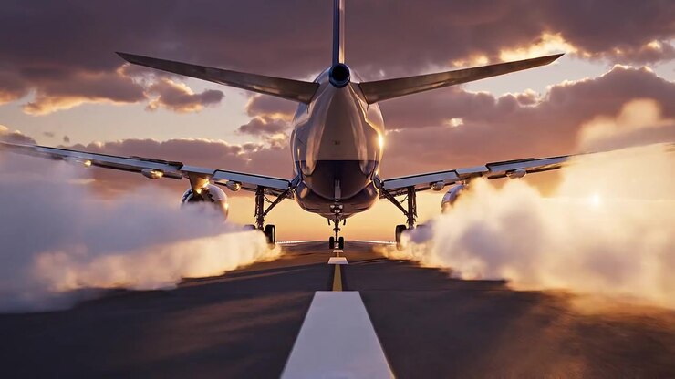 Aereo di linea in decollo dalla pista al tramonto