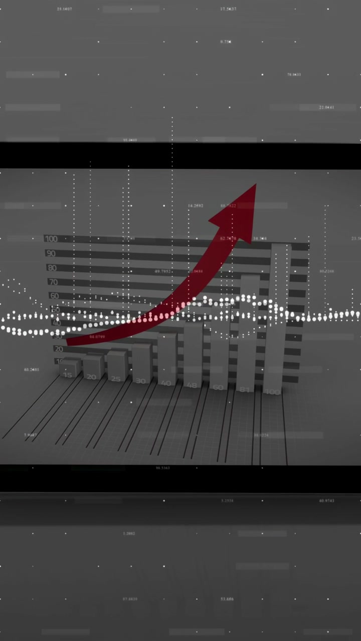 Visualizzazione dati che si allontana, rivelando barre 3D e un grafico a torta rotante su tablet, mostrando la crescita finanziaria.