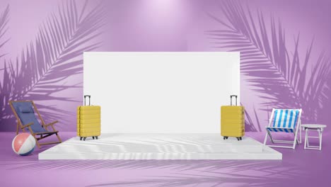 animación de renderización 3d del producto espacio de copia vacío con configuración de luz y concepto de viaje con portátil y maleta en fondo rosa de playa de palma tropical