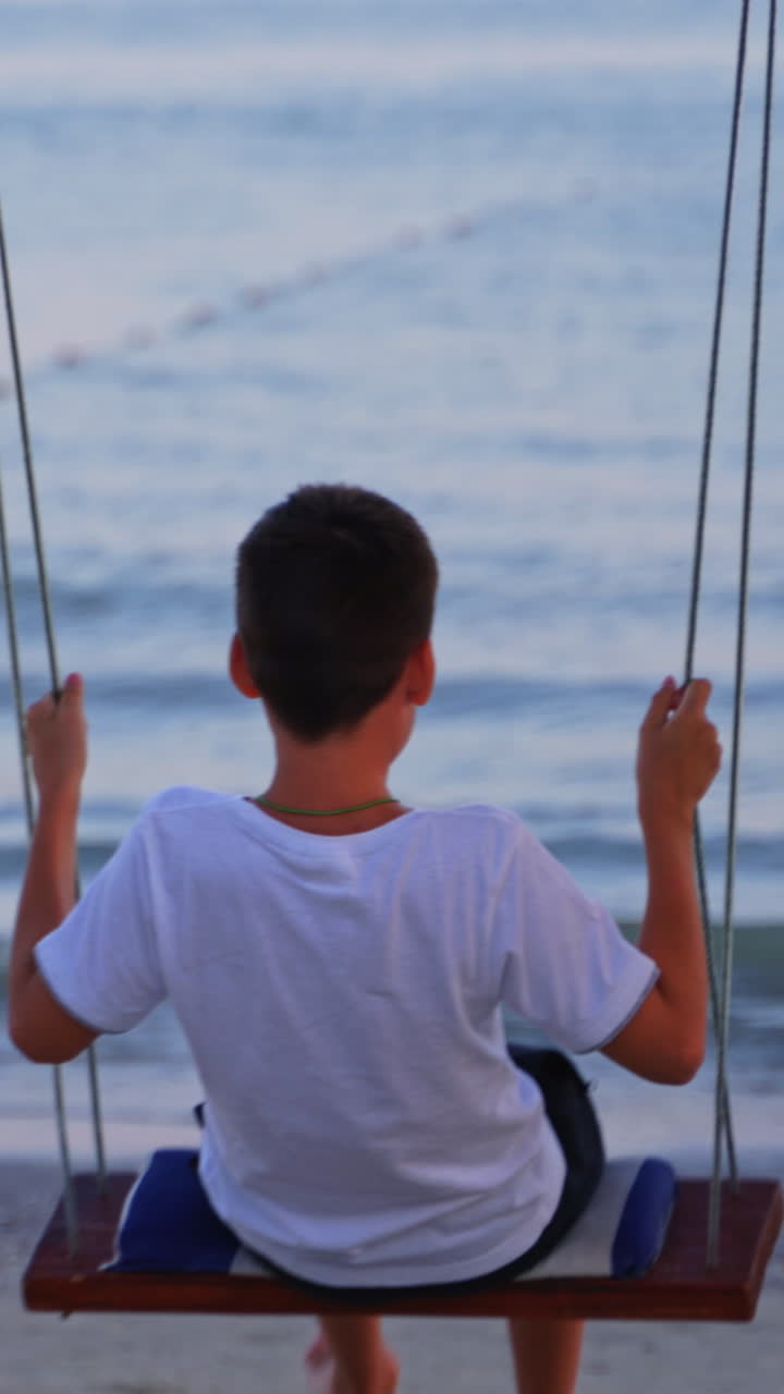 Boy having fun on swing. Rear view of boy riding on swing oon the beach Vertical video