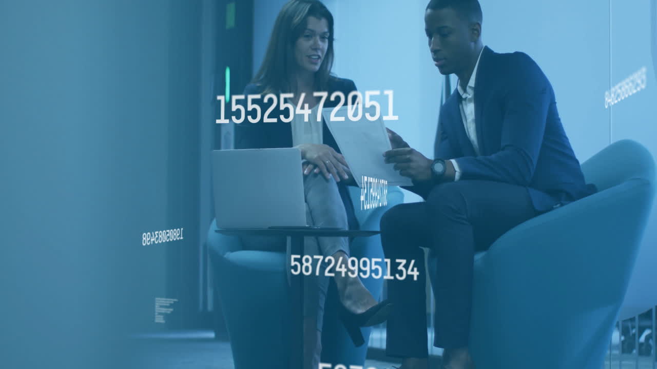Discussing documents, business professionals with floating numbers animation in office
