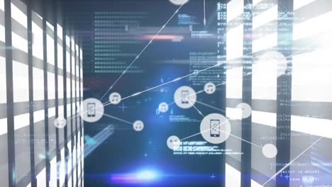 animation of network of connections with icons and data processing over server room