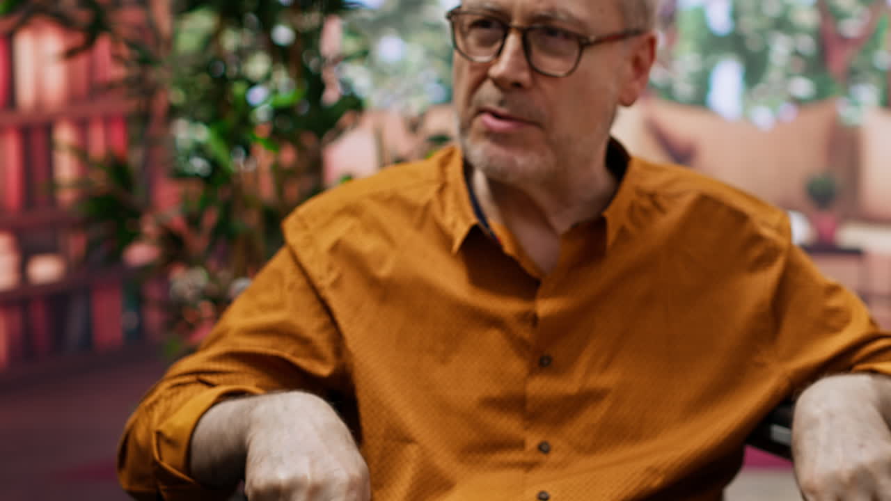 체어 에 앉은 노인 에게 질병 진단 을 설명 하는 간호사