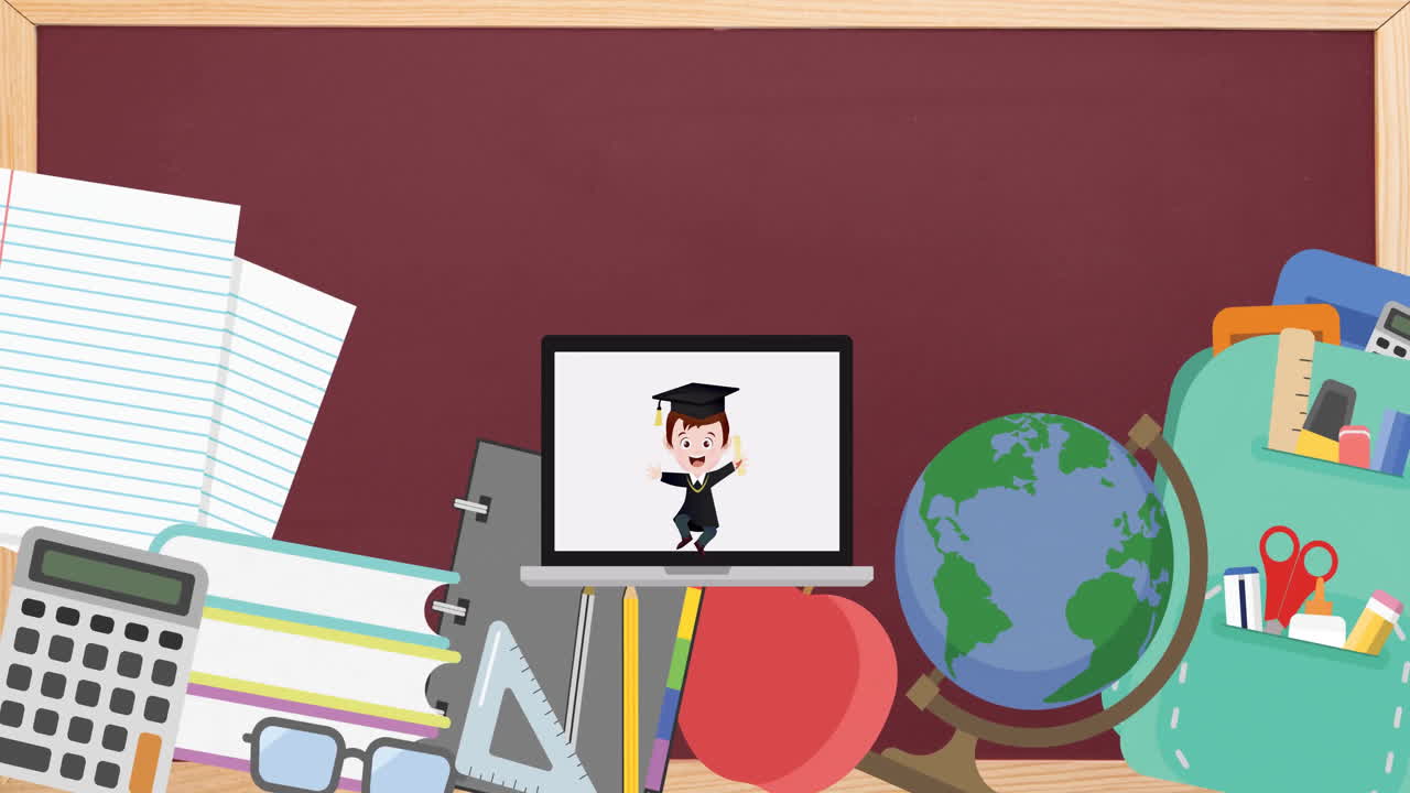Animation of school items icons over happy schoolboy on laptop video call