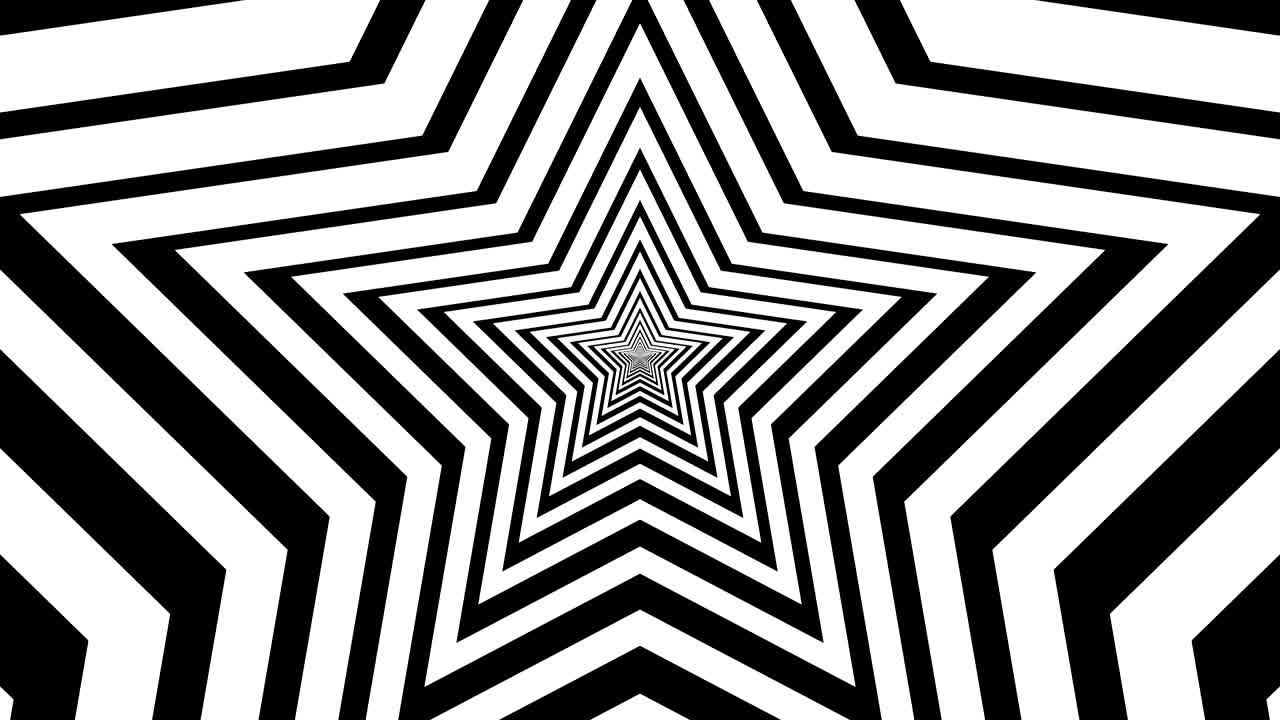 túnel hipnótico en forma de estrella con rayas blancas y negras. bucle sin costuras. 4k