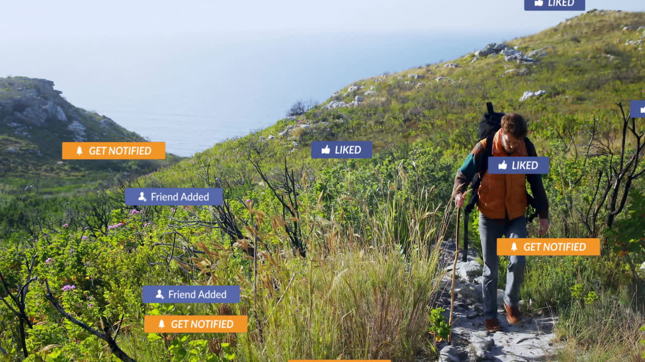 Man hiking coastal trail, with social media marketing overlays showing likes and signups