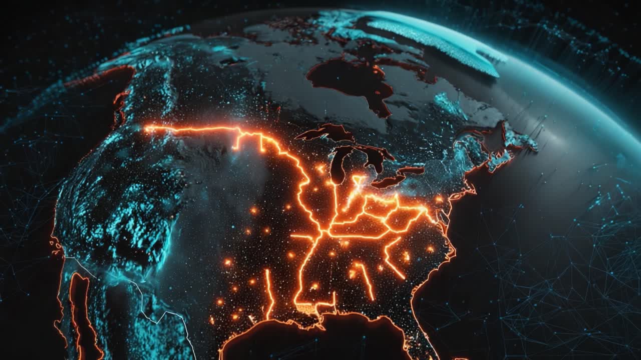 Dynamic Visual of North America Showcasing Detailed Lighting Effects and Geospatial Connections in a Stunning Dark Theme Representation