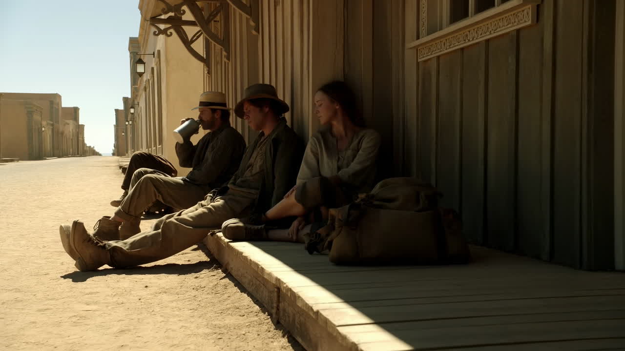 Three Travelers Resting on a Porch in a Dusty Western Town